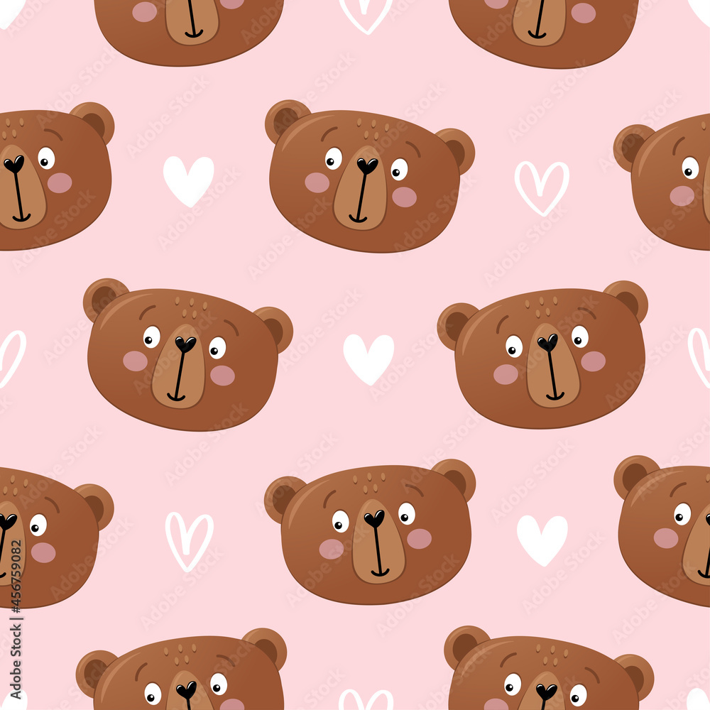 Teddy bear pattern design with bear heads hearts on rose background - funny hand drawn doodle, seamless pattern. Background or t-shirt textile graphic design. Wallpaper, wrapping paper, bedsheets.