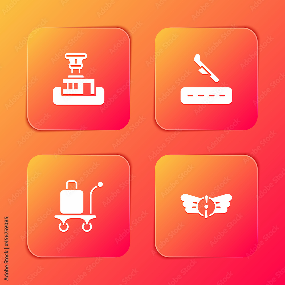 Set Airport control tower, Plane landing, Trolley baggage and Aviation emblem icon. Vector Set Airport control tower, Plane landing, Trolley baggage and Aviation emblem icon. Vector