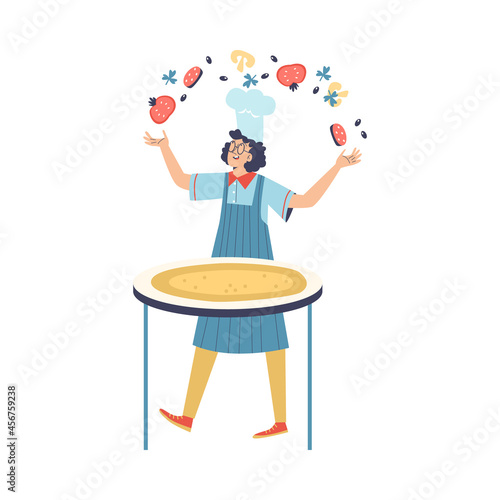 Cook preparing pizza juggling ingredients, flat vector illustration isolated.