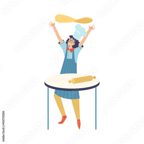 Italian chef cook working with dough for pizza flat vector illustration isolated.
