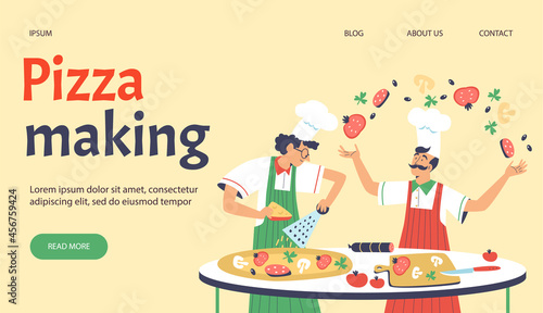Pizza making web banner with italian chef cooks flat vector illustration.