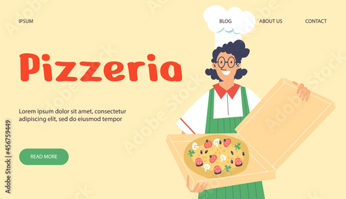 Pizzeria restaurant website with cook offers pizza, flat vector illustration.