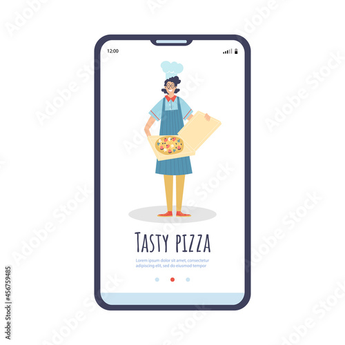 Onboarding page interface with cook offering pizza flat vector illustration.