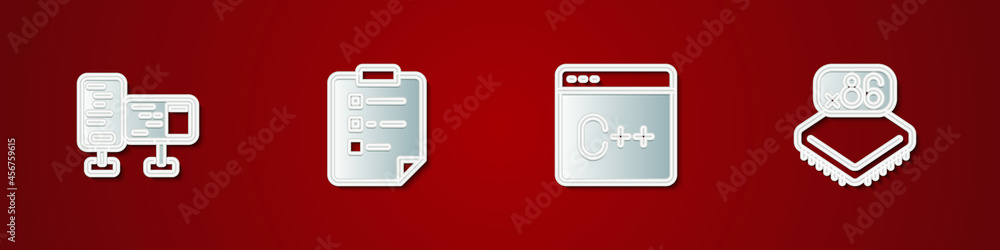 Set Computer monitor screen, Clipboard with checklist, Software and Processor microcircuits CPU icon. Vector Set Computer monitor screen, Clipboard with checklist, Software and Processor microcircuits CPU icon. Vector