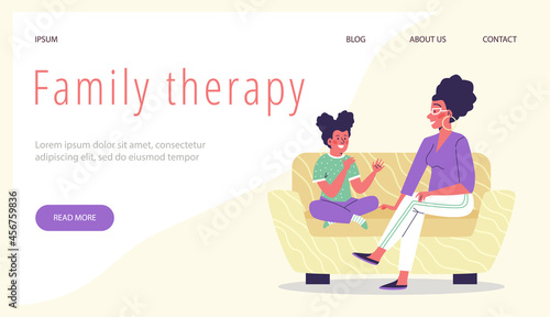 Family therapy web banner with child psychotherapist, flat vector illustration.