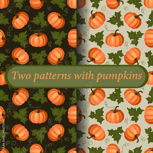 A set of two bright colorful patterns. Ripe pumpkin fruits with leaves. Thanksgiving Day. Vector.