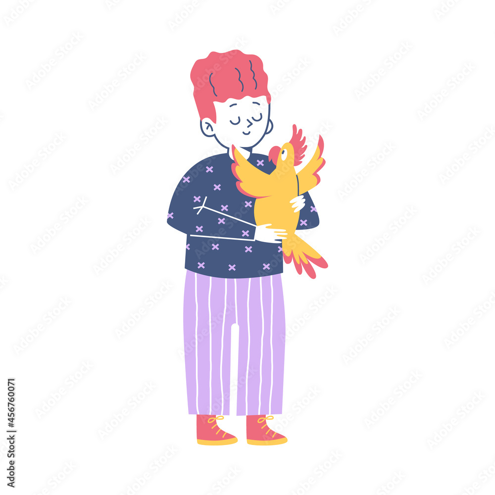 Child boy standing with parrot pet in hands, flat vector illustration isolated. Child boy standing with parrot pet in hands, flat vector illustration isolated.