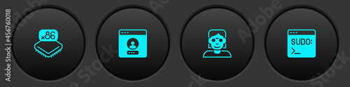 Set Processor with microcircuits CPU, Create account screen, Hacker coder and Code terminal icon. Vector