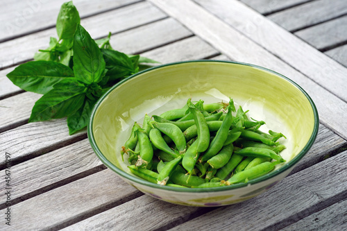 Bowl of freshly picked green garden peas