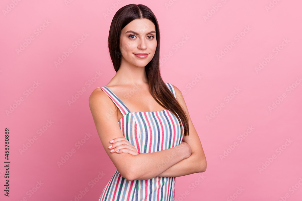 Profile side photo of young attractive woman happy positive smile confident folded hands isolated over pastel color background Profile side photo of young attractive woman happy positive smile confident folded hands isolated over pastel color background
