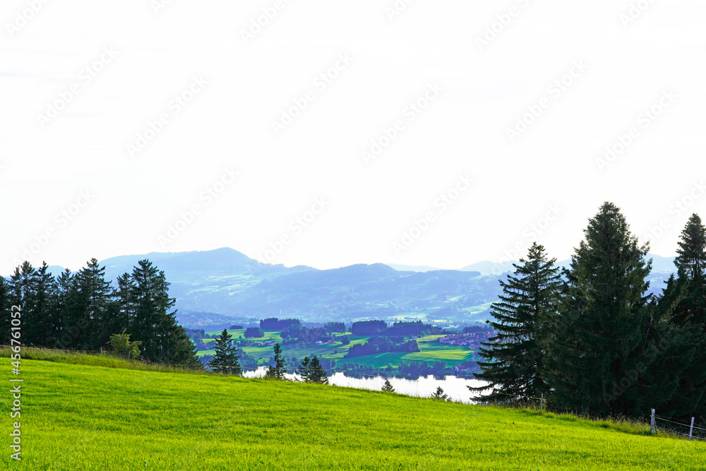 Panorama landscape in the Allgäu in Bavaria. Nature with mountains, meadows and forests.