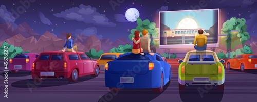 Cartoon outdoor drive-in cinema. Car movie theater in open air with loving couple, lonely boy and girl. Summer night with people sitting on automobile roof and watching film on big glowing screen.