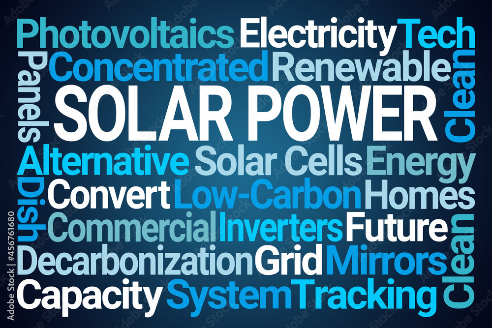 Solar Power Word Cloud on Blue Background Solar Power Word Cloud on Blue Background