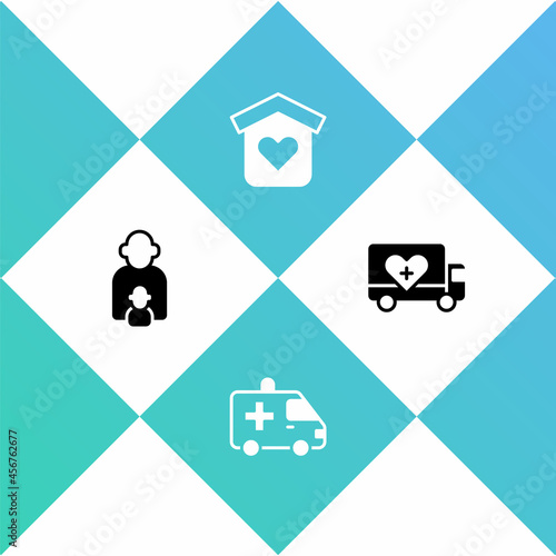Set Taking care of children, Ambulance, Shelter for homeless and Humanitarian truck icon. Vector