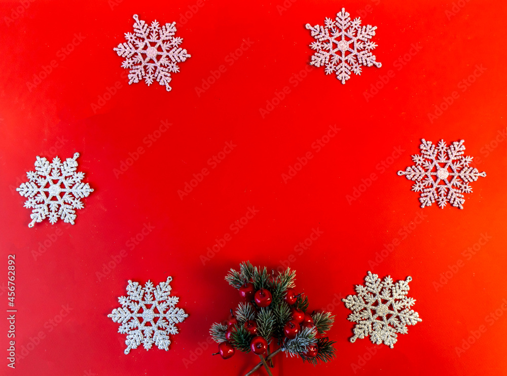 christmas and new year flat lay with copy space on red background christmas and new year flat lay with copy space on red background