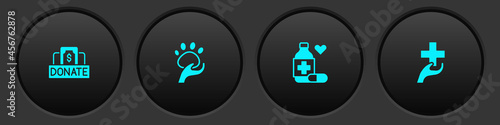 Set Donation and charity, Animal volunteer, Medicine bottle pills and Heart with cross icon. Vector