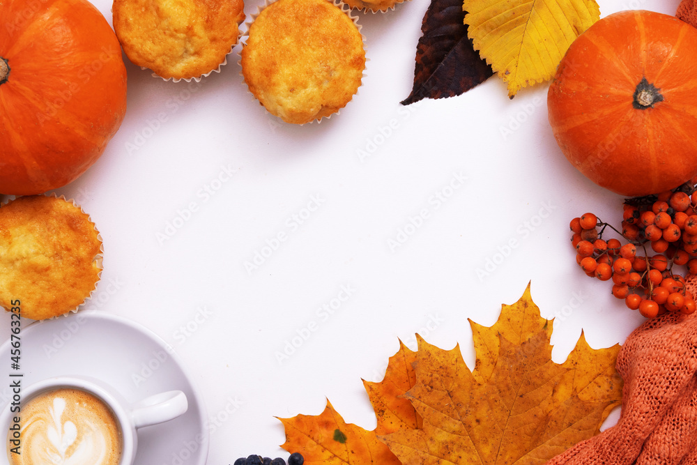 Cozy autumn flat lay with coffee, pumkin, sweater and copy space Cozy autumn flat lay with coffee, pumkin, sweater and copy space