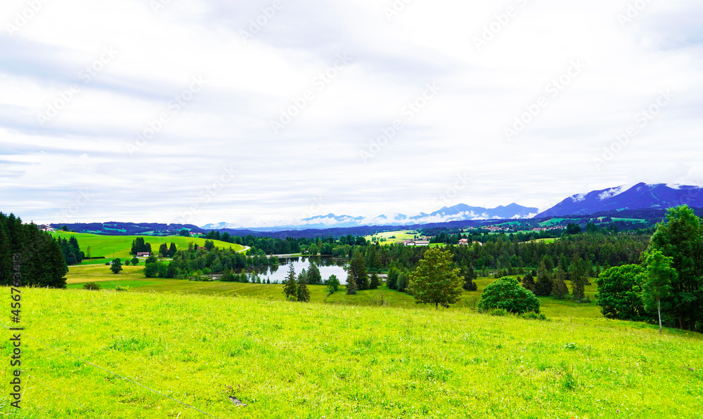 Panorama landscape in the Allgäu in Bavaria. Nature with mountains, meadows and forests.