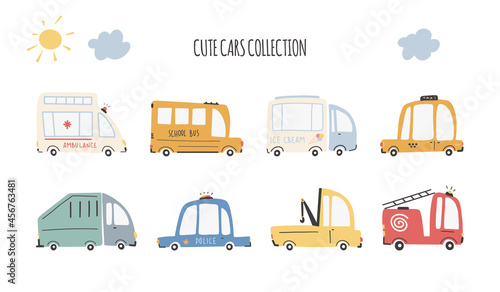 Cute cars collection. Cartoon funny transport. Vector cartoon illustrations in simple childish hand-drawn Scandinavian style for children. Fire, ambulance, police, bus, etc.