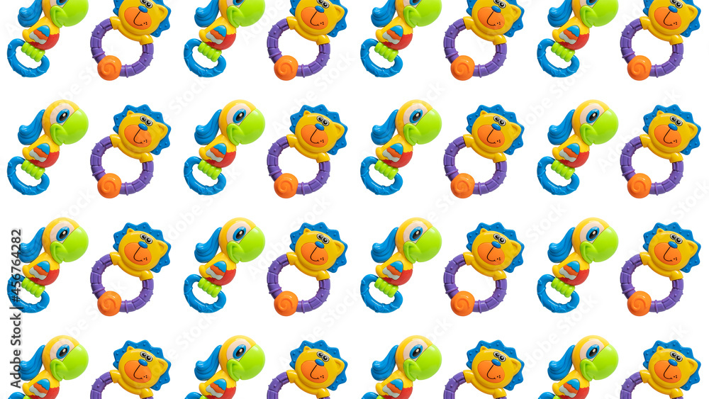 Obraz premium Rattle toys pattern on white background. Top view