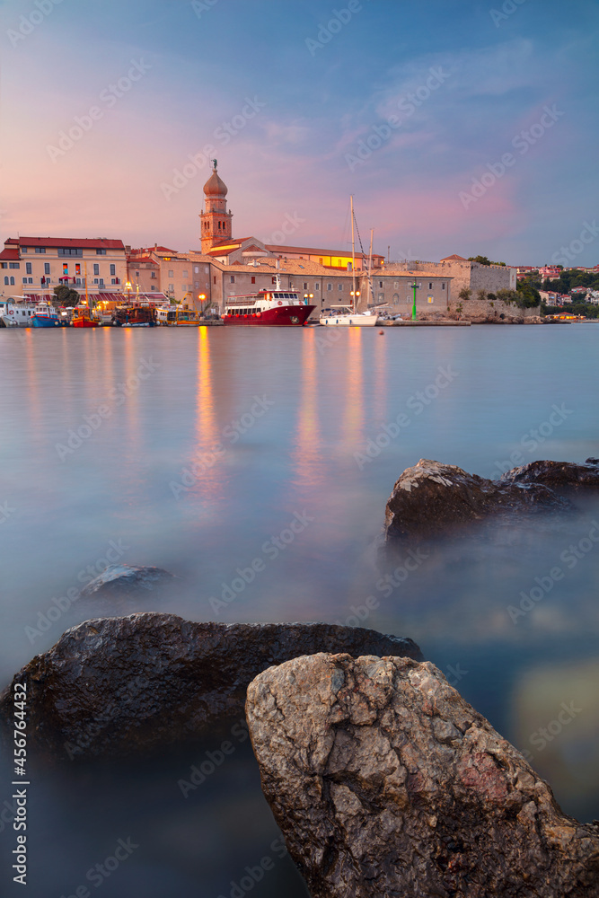 Town of Krk, Croatia. Cityscape image of Krk, Croatia located on Krk Island with the Krk Cathedral at summer sunset.