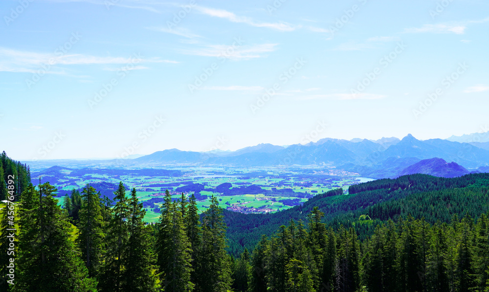 View from the Alpspitz alpine summit in the Allgäu. Bavarian panorama landscape.