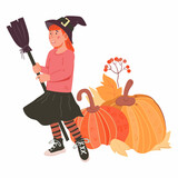 Halloween holiday illustration of cute child in costume of witch and pumpkins, flat vector illustration isolated on white background. Halloween cards and banners element.