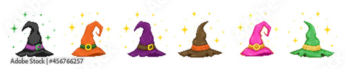 Pixel art magic Hat collection. Retro pixel wizard hats illustration in 8 bit style. Halloween decoration sprite. Vector pixelated hat of wizard, warlock, witch, sorcerer, druid, and charmer.