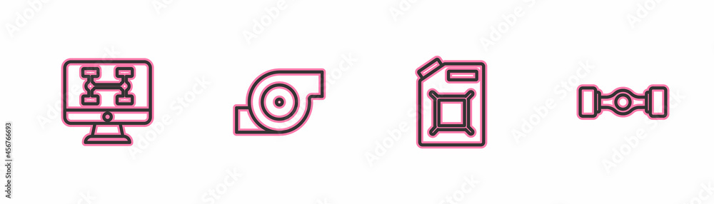 Set line Diagnostics condition of car, Canister for gasoline, Automotive turbocharger and Chassis icon. Vector Set line Diagnostics condition of car, Canister for gasoline, Automotive turbocharger and Chassis icon. Vector