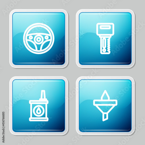 Set line Steering wheel, Car key with remote, Canister for motor oil and Funnel and drop icon. Vector