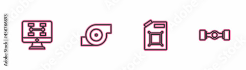 Set line Diagnostics condition of car, Canister for gasoline, Automotive turbocharger and Chassis icon. Vector