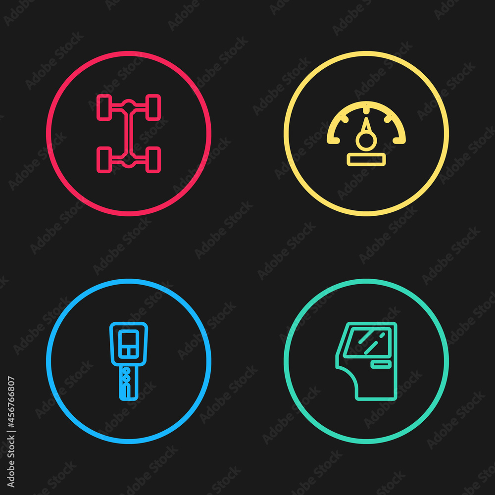 Set line Car key with remote, door, Speedometer and Chassis car icon. Vector Set line Car key with remote, door, Speedometer and Chassis car icon. Vector