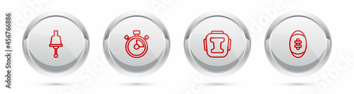 Set line Ringing bell, Stopwatch, Boxing helmet and American Football ball. Silver circle button. Vector