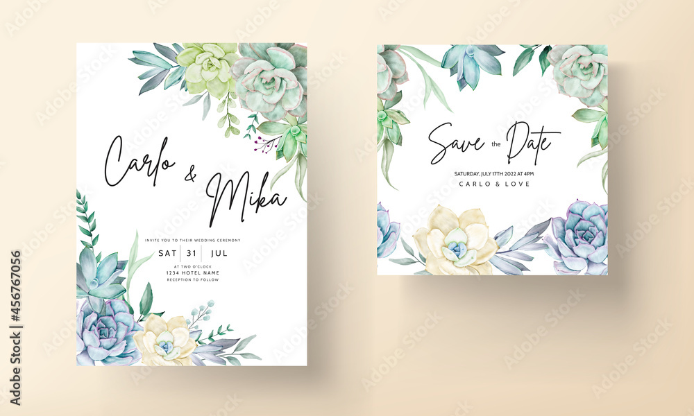 Obraz premium Beautiful succulent flower watercolor wedding invitation card set