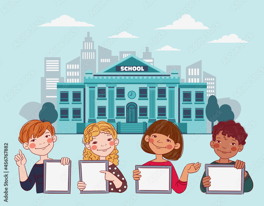 Happy boys and girls showing blank digital tablet screen. Cute kids using tablets. Back to school vector concept
Happy boys and girls showing blank digital tablet screen. Cute kids using tablets. Back to school vector concept