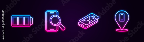 Set line Battery, Phone repair service, Mobile with broken screen and . Glowing neon icon. Vector