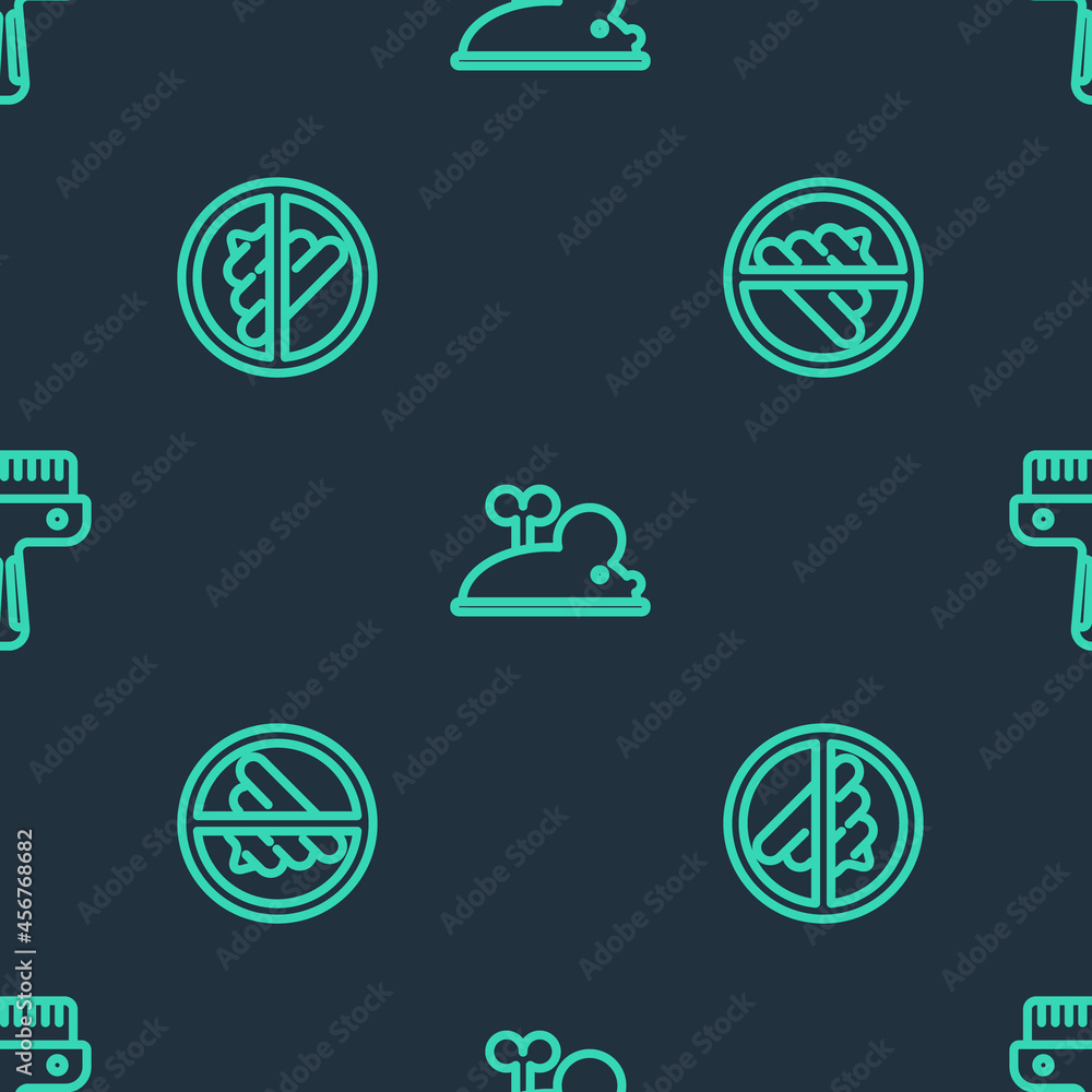 Set line Clockwork mouse, No shit and Hair brush for dog and cat on seamless pattern. Vector Set line Clockwork mouse, No shit and Hair brush for dog and cat on seamless pattern. Vector