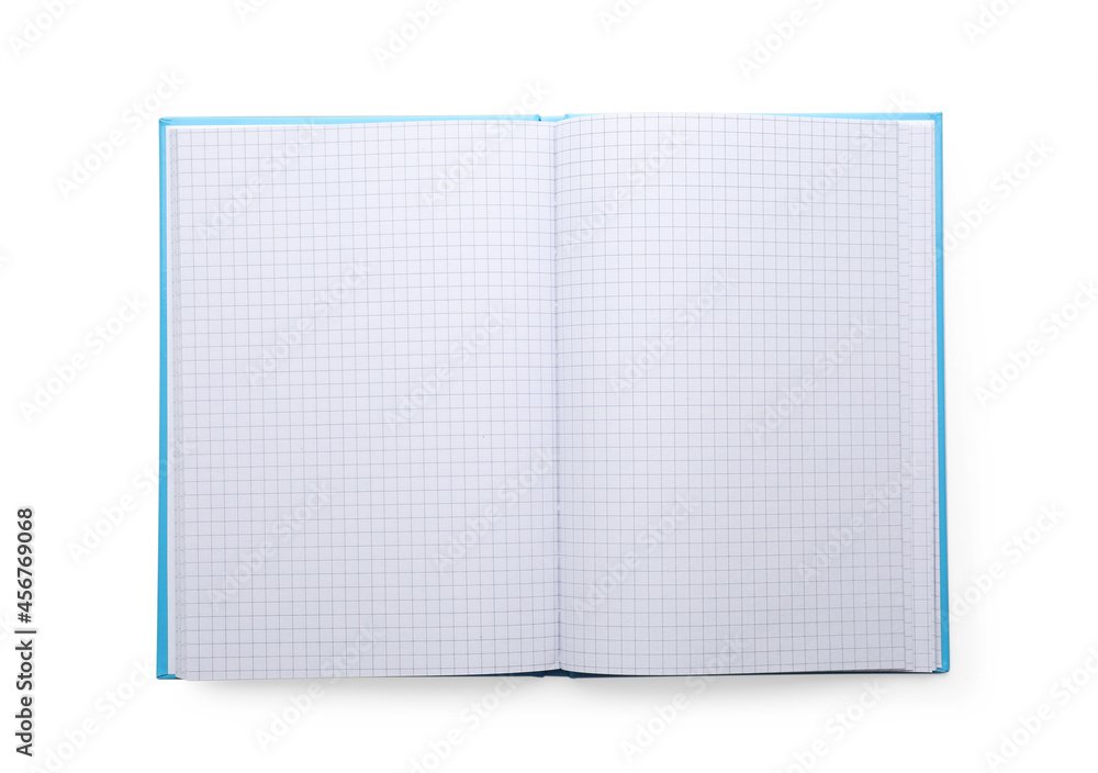 Open notebook with blank sheets isolated on white, top view Open notebook with blank sheets isolated on white, top view