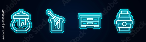 Set line Jar of honey, Honey dipper stick with, Hive for bees and . Glowing neon icon. Vector