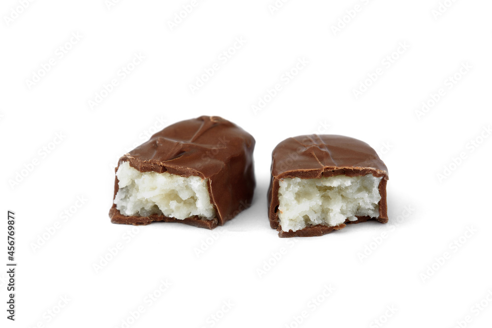 Chocolate bar with coconut filling isolated on white background. Chocolate bar with coconut filling isolated on white background.