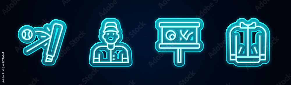 Set line Baseball bat with ball, player, Planning strategy and t-shirt. Glowing neon icon. Vector Set line Baseball bat with ball, player, Planning strategy and t-shirt. Glowing neon icon. Vector