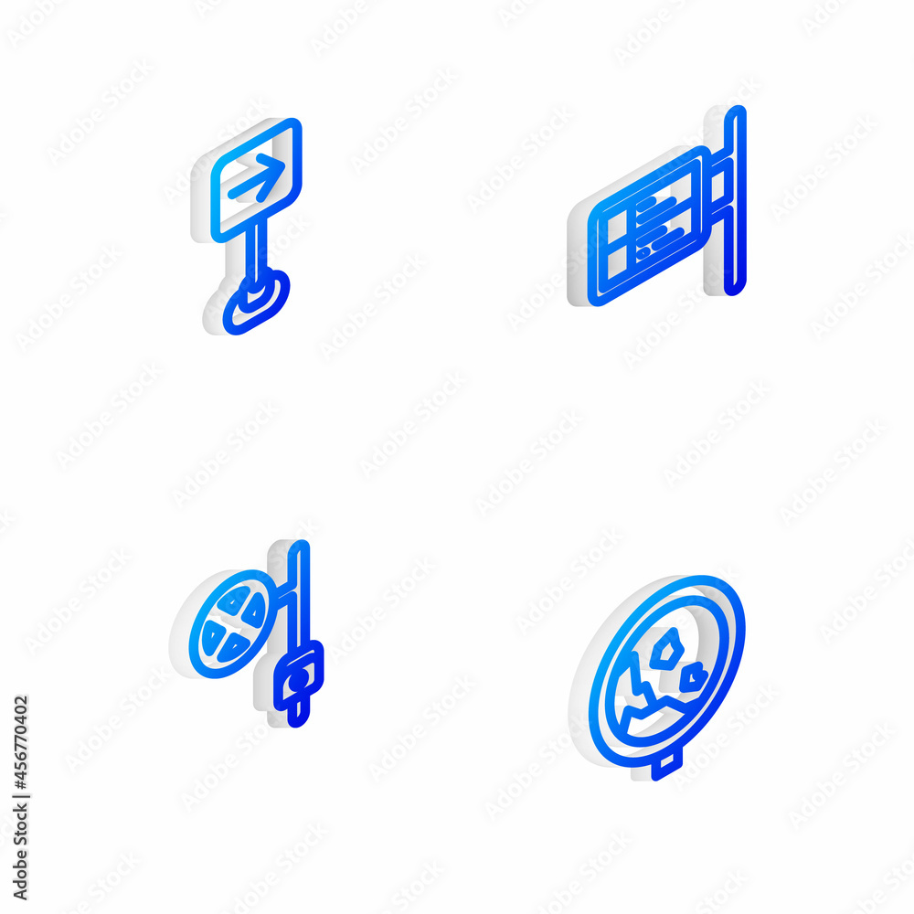 Set Isometric line ublic transport board, Traffic sign turn right, Stop with camera and Road warning rockfall icon. Vector Set Isometric line ublic transport board, Traffic sign turn right, Stop with camera and Road warning rockfall icon. Vector