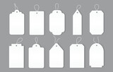 Blank white price tags that attached to clothing. Various background options. Graphic elements for websites and page. Realistic icons and badges. Flat vector illustration isolated on grey backdrop