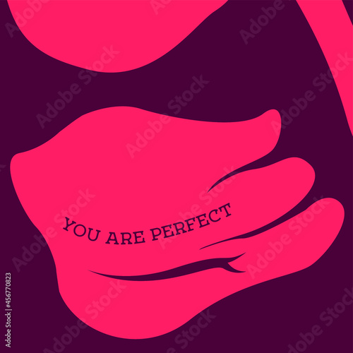 vector trendy illustration on the theme of body positive. the belly of a sitting girl does not look perfect with fat folds. the text "you are perfect". love yourself and your body. accept your body.