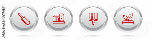 Set line Scoop flour, Farm house, Garden pitchfork and Sprout. Silver circle button. Vector