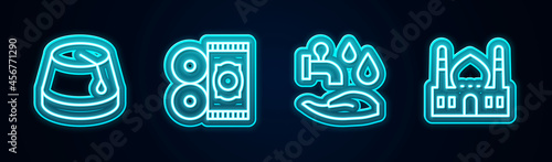 Set line Turkish hat, Traditional carpet, Wudhu and Muslim Mosque. Glowing neon icon. Vector