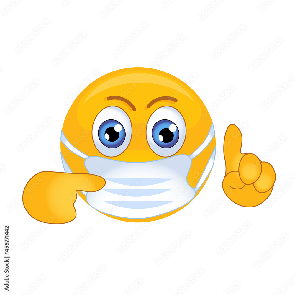 Yellow smiley face in a medical mask with a warning gesture