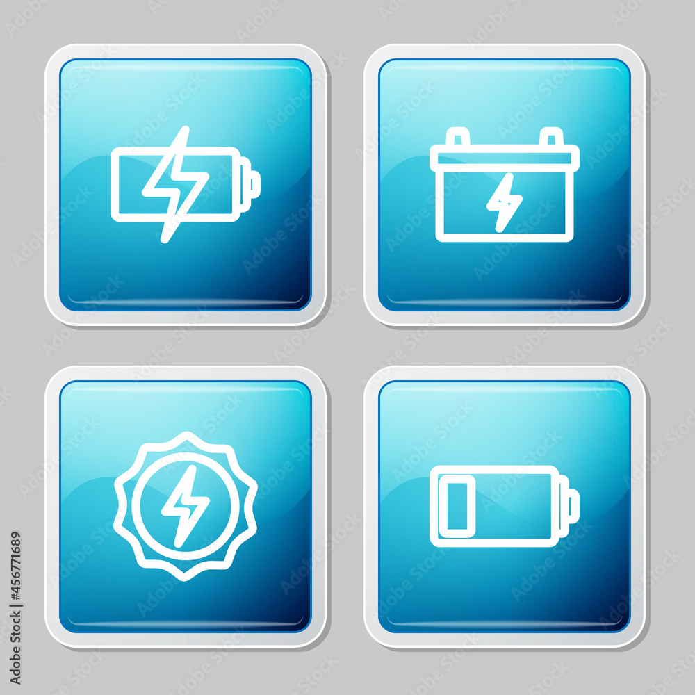 Set line Battery, Car battery, Lightning bolt and icon. Vector