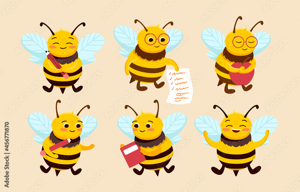 Obraz premium Collection of bees in lesson. Pictures for children about importance of education. Graphic elements for website. Child gets different knowledge. Flat vector illustrations isolated on yellow background