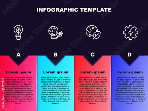 Set line Light bulb with leaf, Global energy power planet, Earth globe and and Gear lightning. Business infographic template. Vector photo